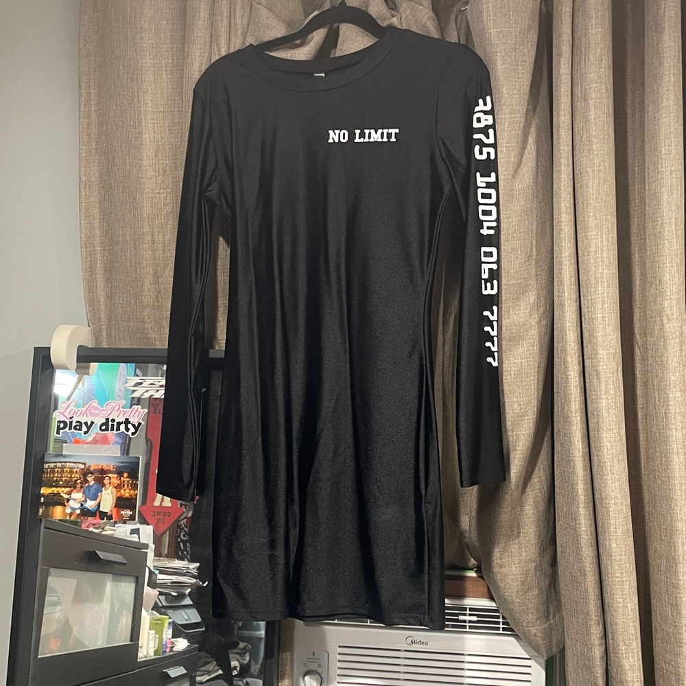 Black Long Sleeve Dress with White Text credit card dress